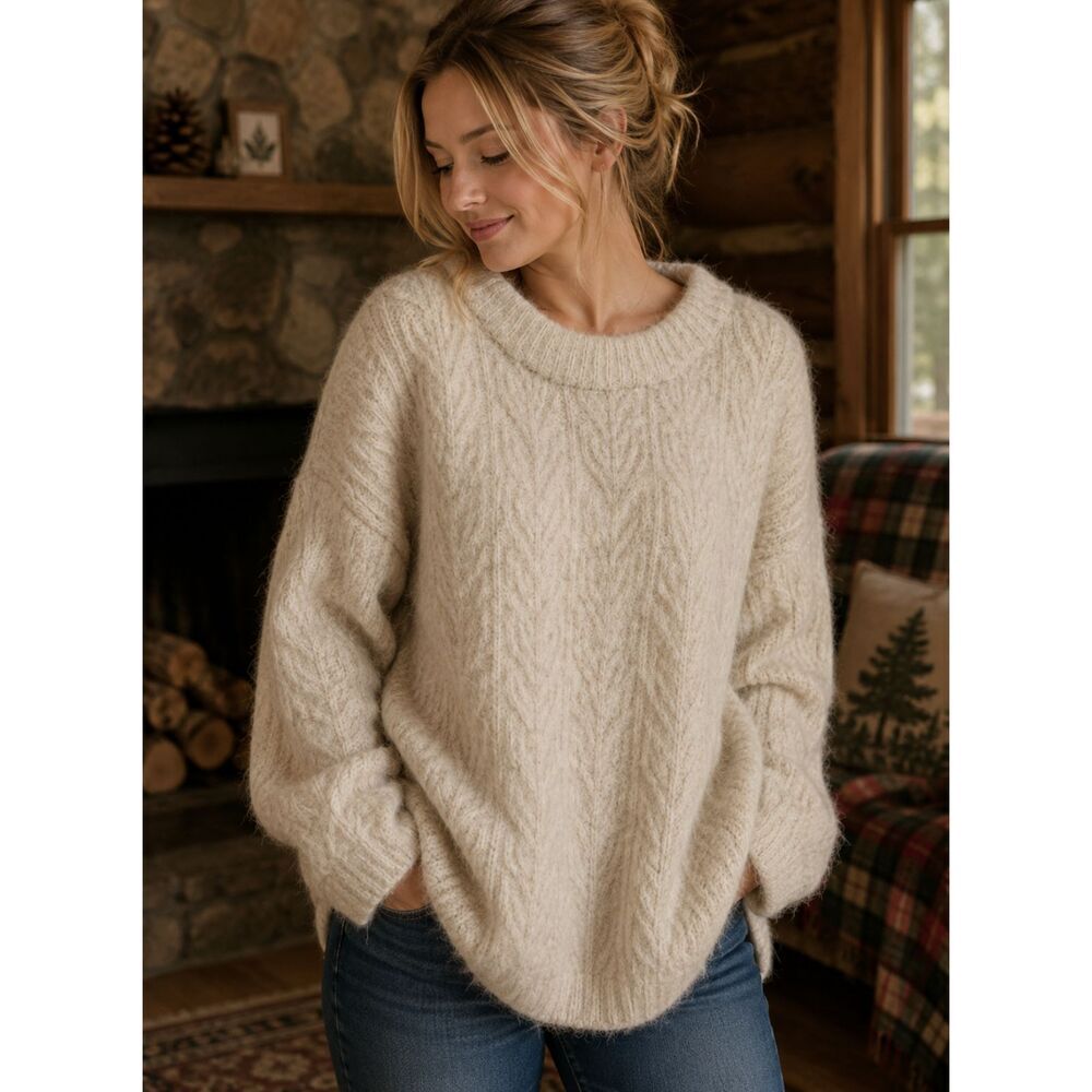 Topshop Beige Oversized Knit Fluffy Crew Neck Sweater | Size Medium